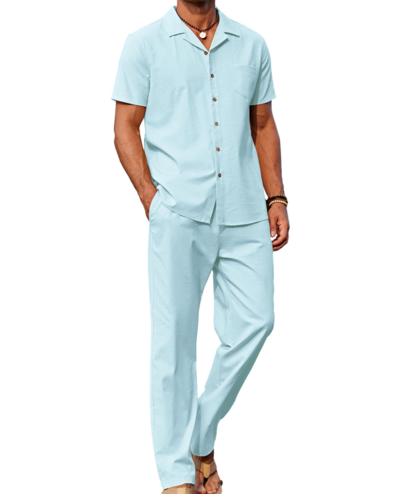 Conjunto de homem Maëlan de 2 peças – Camisa com gola cubana e calças largas em algodão, viscose e linho