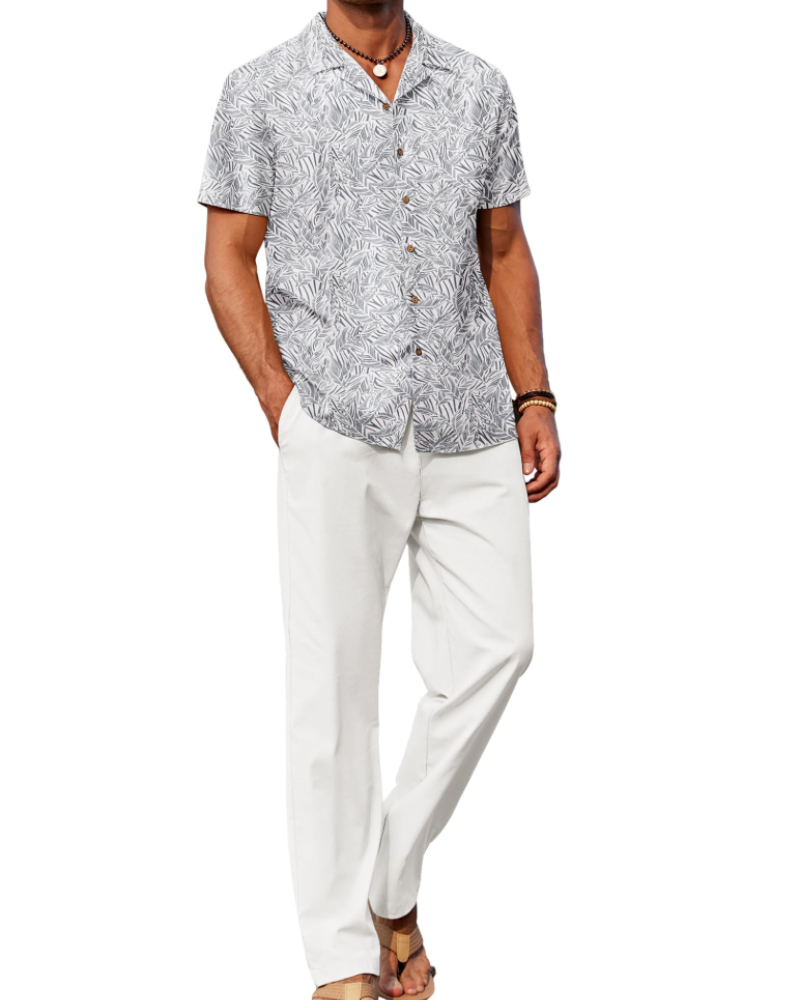 Conjunto de homem Maëlan de 2 peças – Camisa com gola cubana e calças largas em algodão, viscose e linho