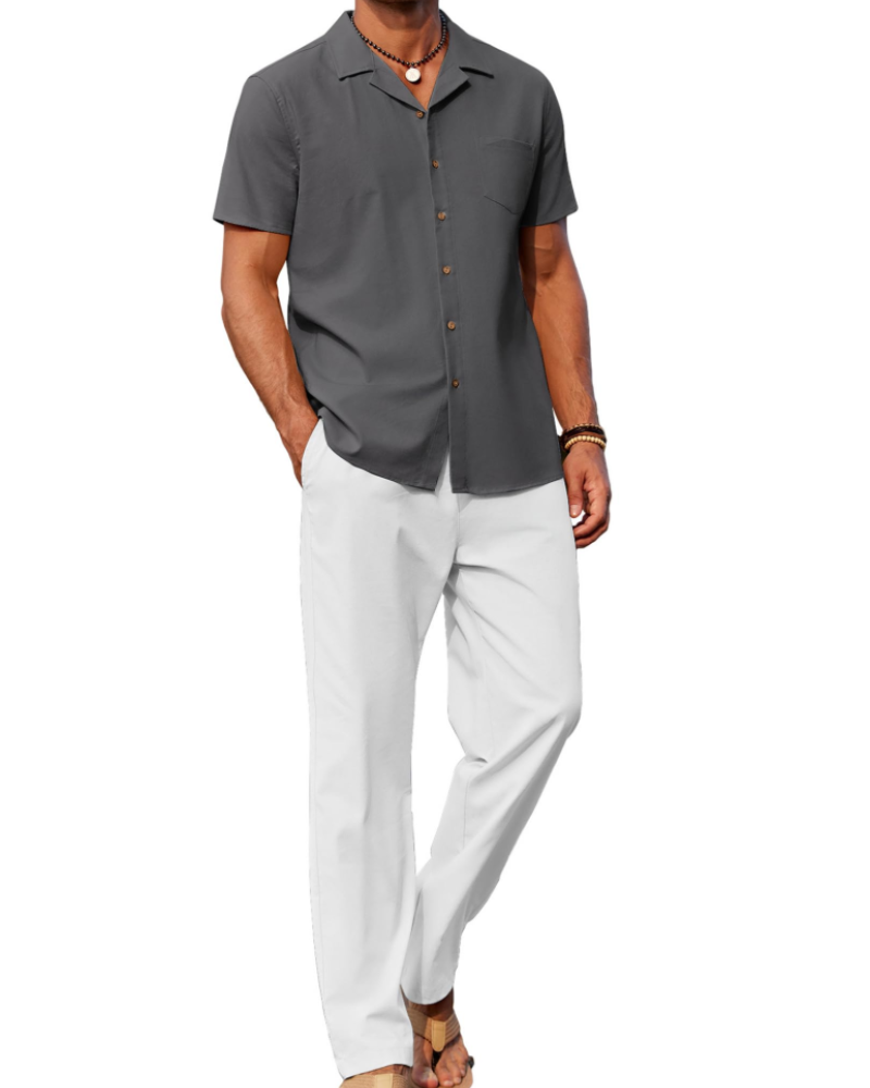 Conjunto de homem Maëlan de 2 peças – Camisa com gola cubana e calças largas em algodão, viscose e linho