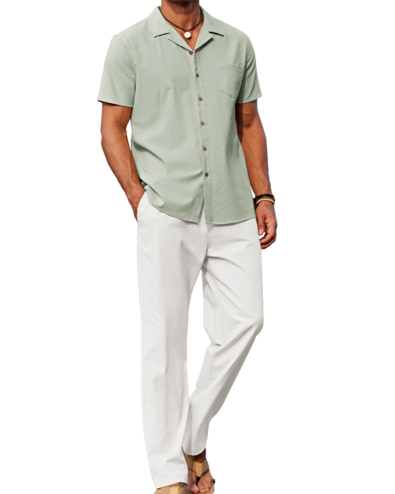 Conjunto de homem Maëlan de 2 peças – Camisa com gola cubana e calças largas em algodão, viscose e linho