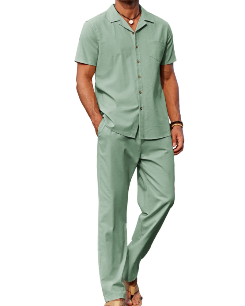 Conjunto de homem Maëlan de 2 peças – Camisa com gola cubana e calças largas em algodão, viscose e linho