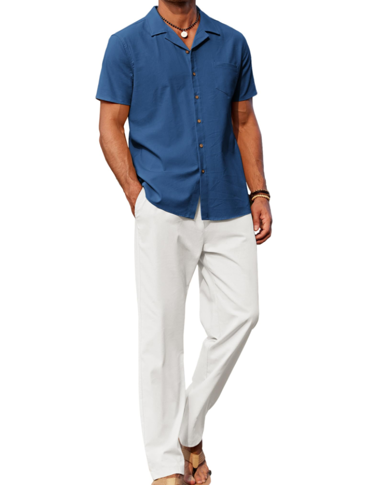 Conjunto de homem Maëlan de 2 peças – Camisa com gola cubana e calças largas em algodão, viscose e linho