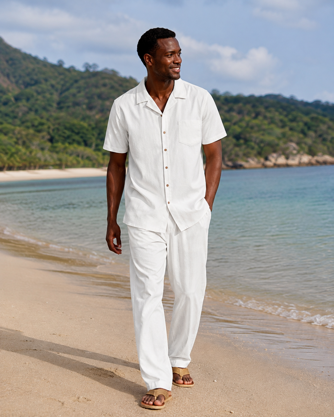 Conjunto de homem Maëlan de 2 peças – Camisa com gola cubana e calças largas em algodão, viscose e linho