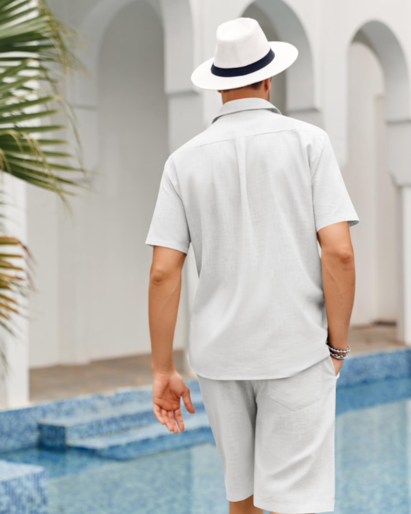 Oliver Ensemble en Lin Homme – Chemise Cubaine Rayée & Short d'Été 2 Pièces