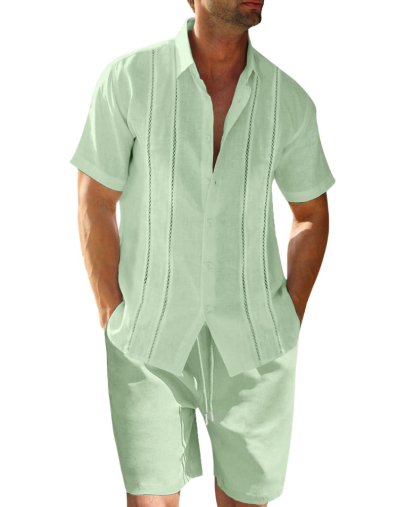 Oliver Ensemble en Lin Homme – Chemise Cubaine Rayée & Short d'Été 2 Pièces