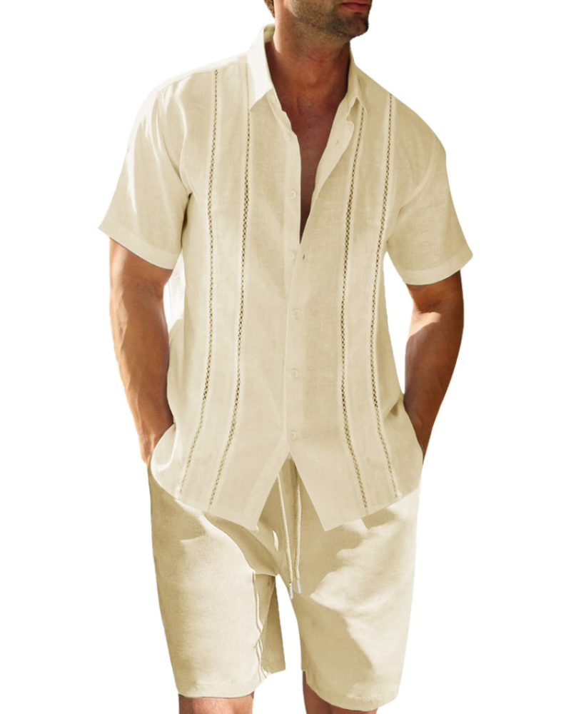 Oliver Ensemble en Lin Homme – Chemise Cubaine Rayée & Short d'Été 2 Pièces
