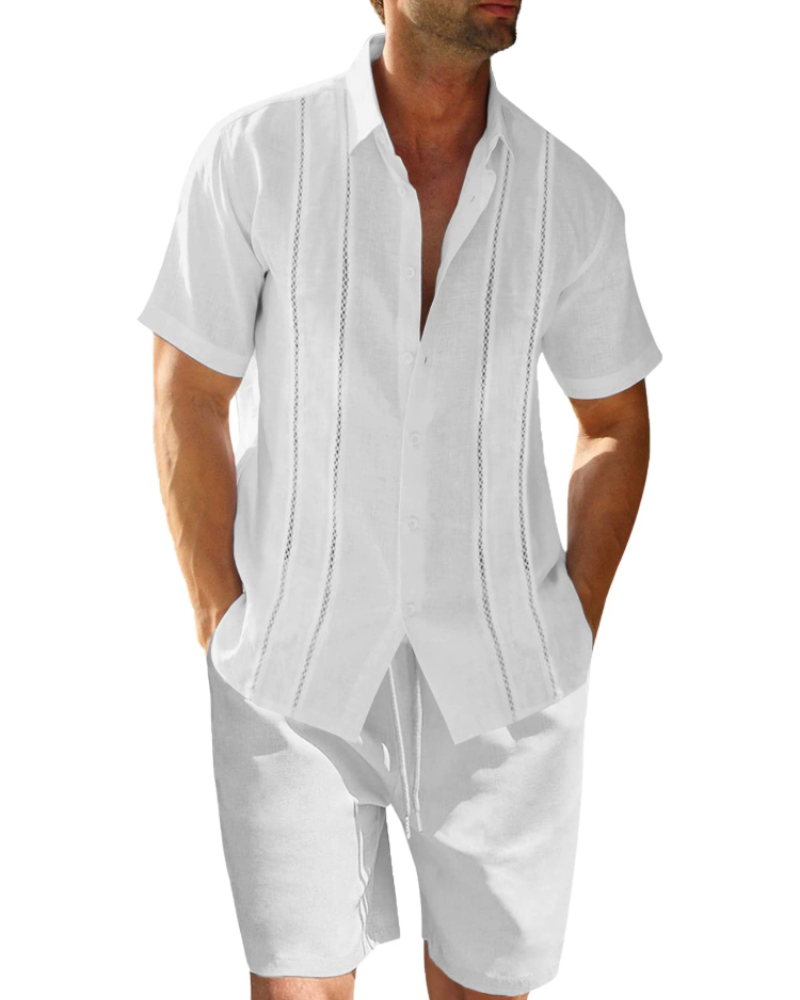 Oliver Ensemble en Lin Homme – Chemise Cubaine Rayée & Short d'Été 2 Pièces