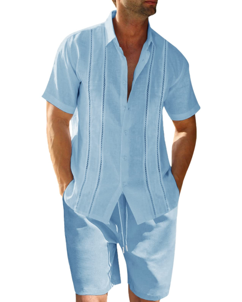 Oliver Ensemble en Lin Homme – Chemise Cubaine Rayée & Short d'Été 2 Pièces