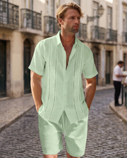 Oliver Ensemble en Lin Homme – Chemise Cubaine Rayée & Short d'Été 2 Pièces