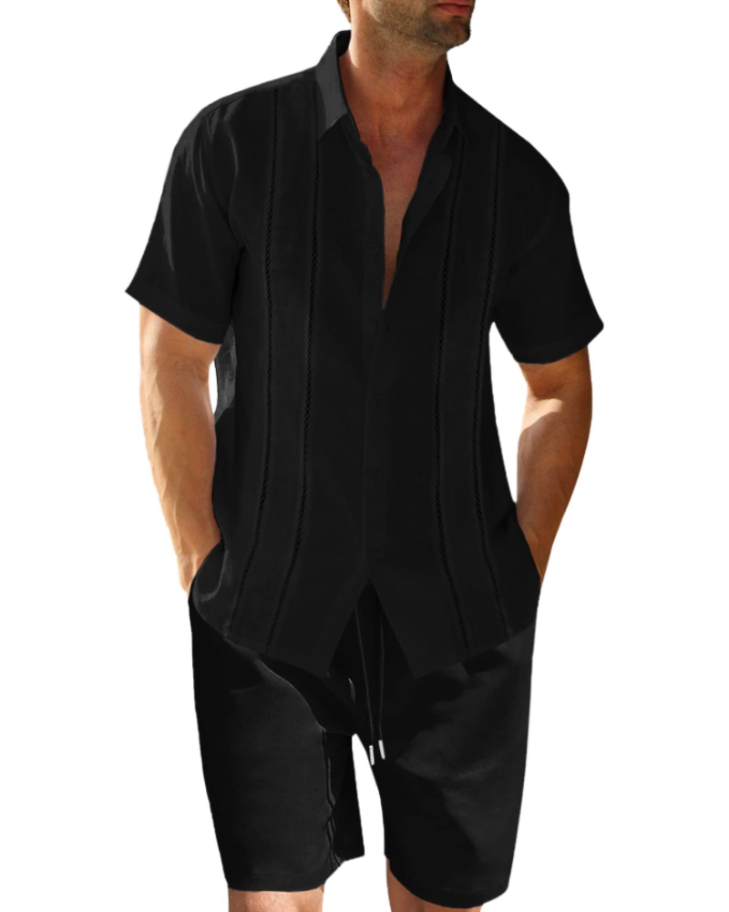 Oliver Ensemble en Lin Homme – Chemise Cubaine Rayée & Short d'Été 2 Pièces