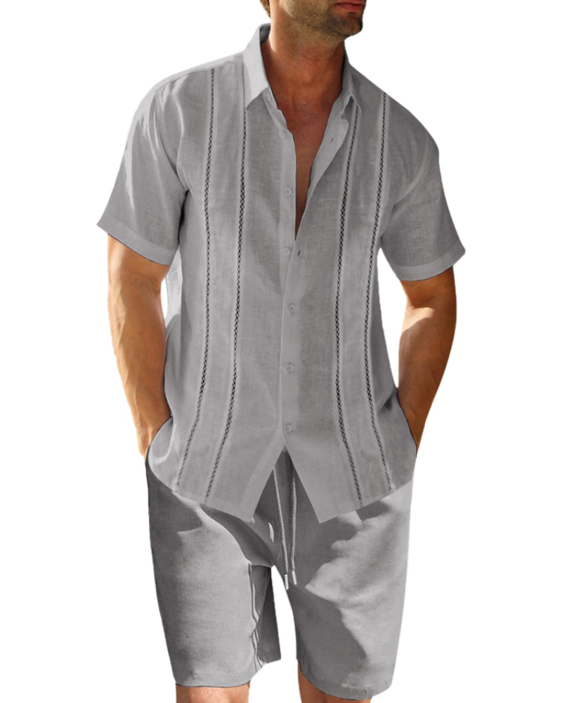 Oliver Ensemble en Lin Homme – Chemise Cubaine Rayée & Short d'Été 2 Pièces