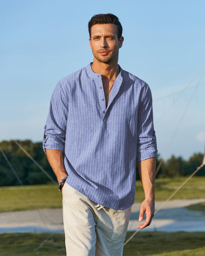 Bennett Chemise Henley Homme – Haut Manches Longues Coton-Lin Boutonné