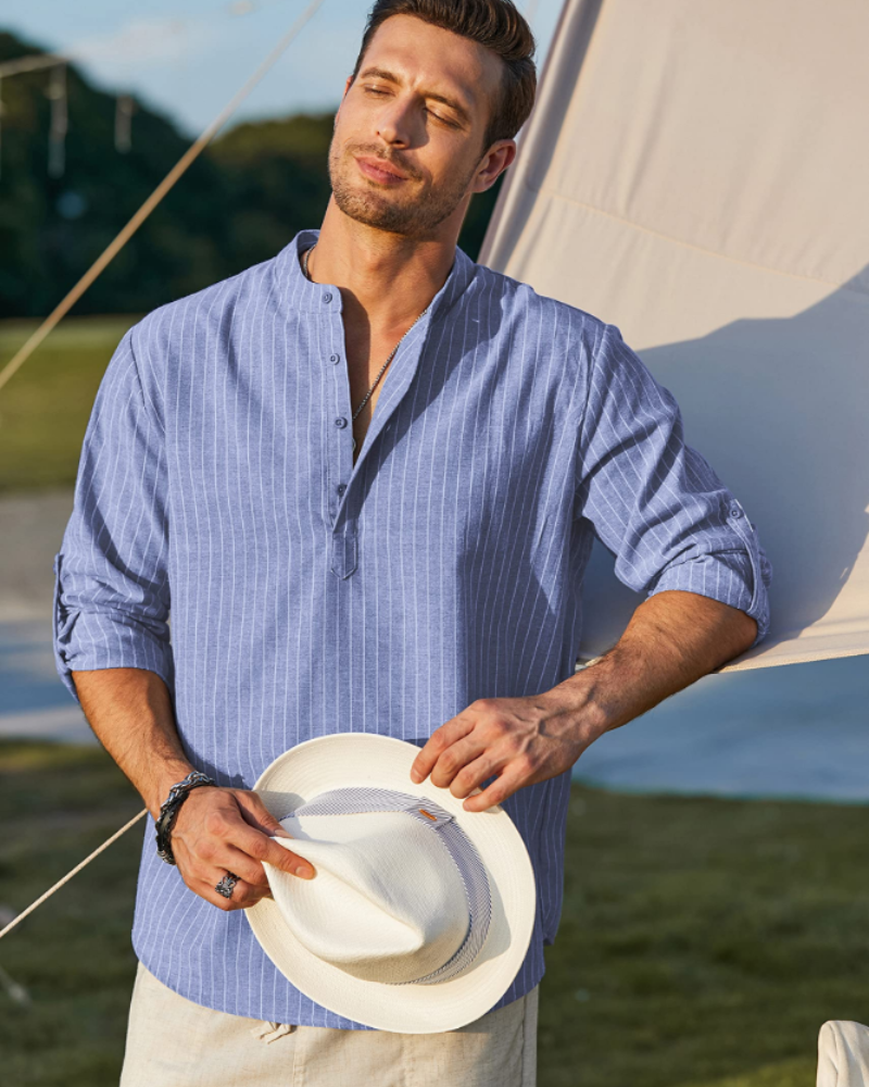 Bennett Chemise Henley Homme – Haut Manches Longues Coton-Lin Boutonné