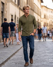 Pánské tričko Owen Henley – dlouhý rukáv, bavlněné s knoflíky