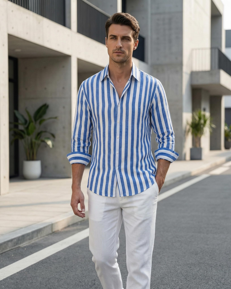 Declan Chemise Rayée Homme – Chemise Boutonnée Manches Longues Légère