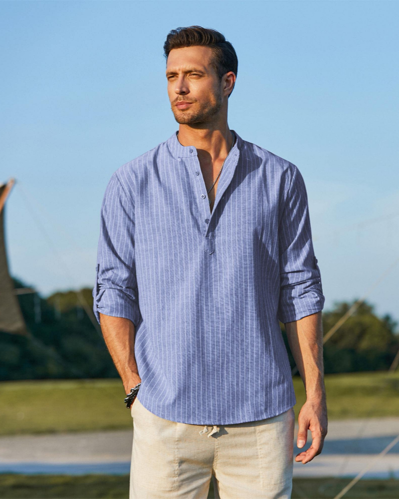 Bennett Chemise Henley Homme – Haut Manches Longues Coton-Lin Boutonné