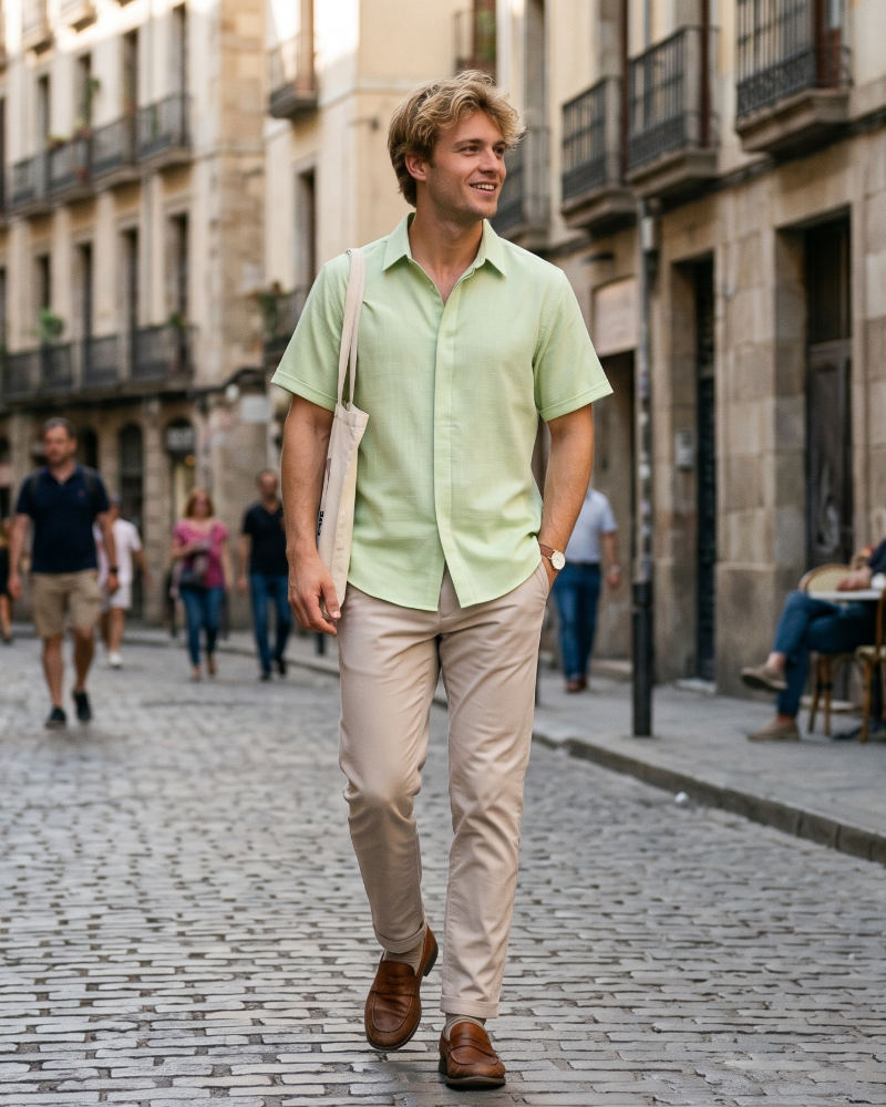 Asher Chemise Homme en Lin – Chemise Manches Courtes à Boutons Cachés
