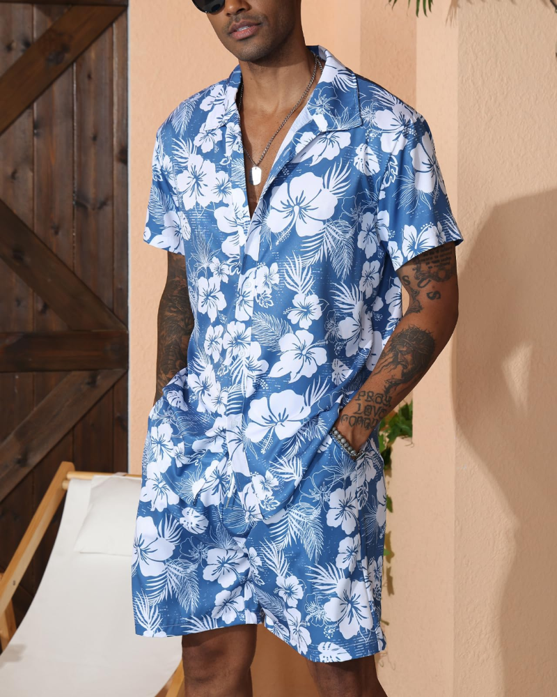 Noah Ensemble Hawaïen Homme – Chemise Fleurie & Short de Plage d'Été 2 Pièces