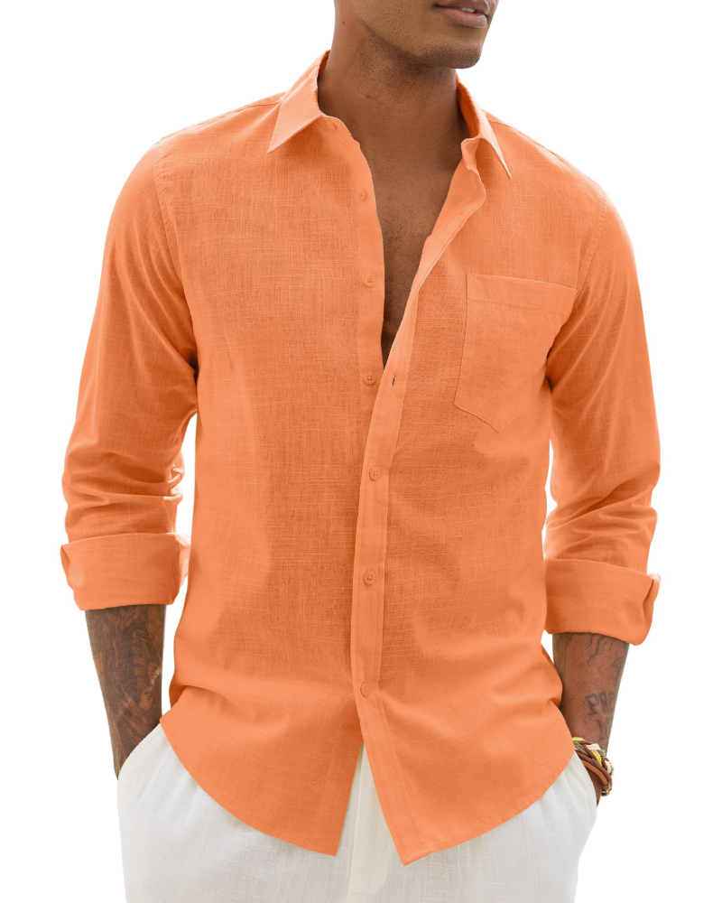 Lysandre Camisa de hombre de algodón y lino – Camisa transpirable de manga larga con cuello clásico