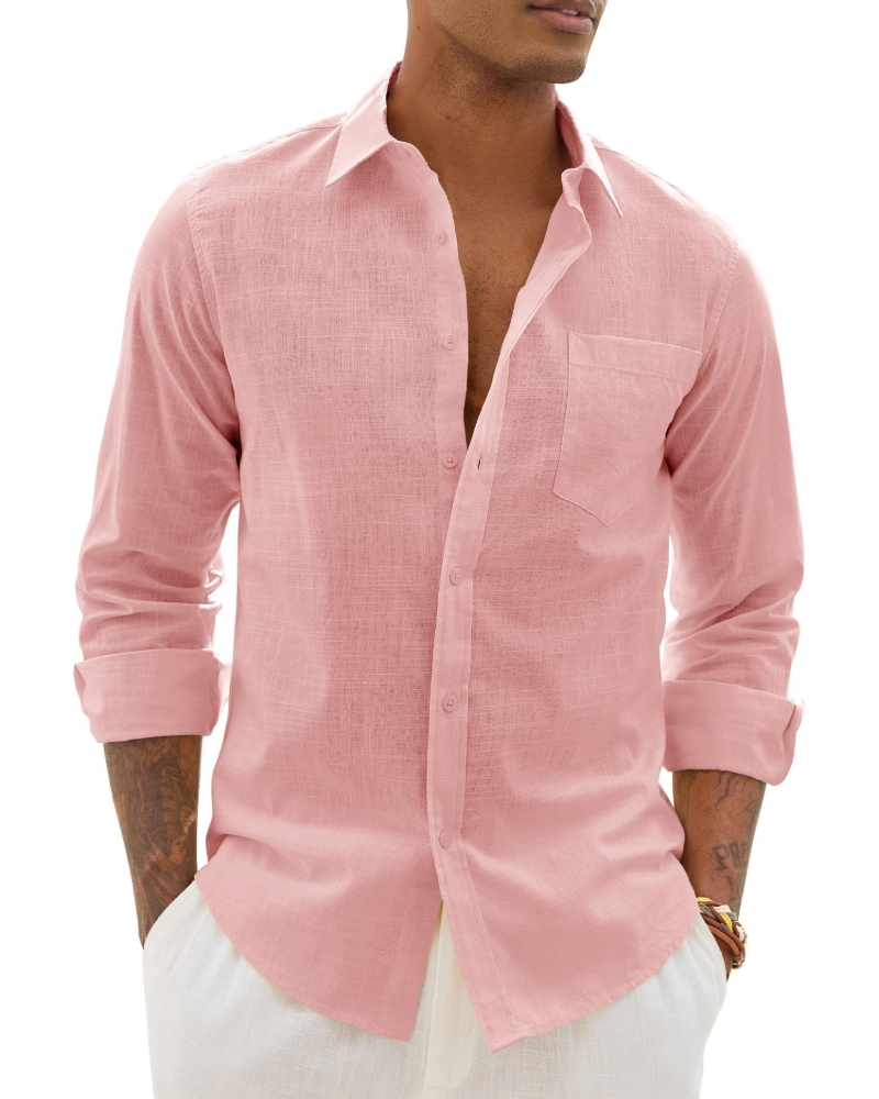 Lysandre Camisa de hombre de algodón y lino – Camisa transpirable de manga larga con cuello clásico