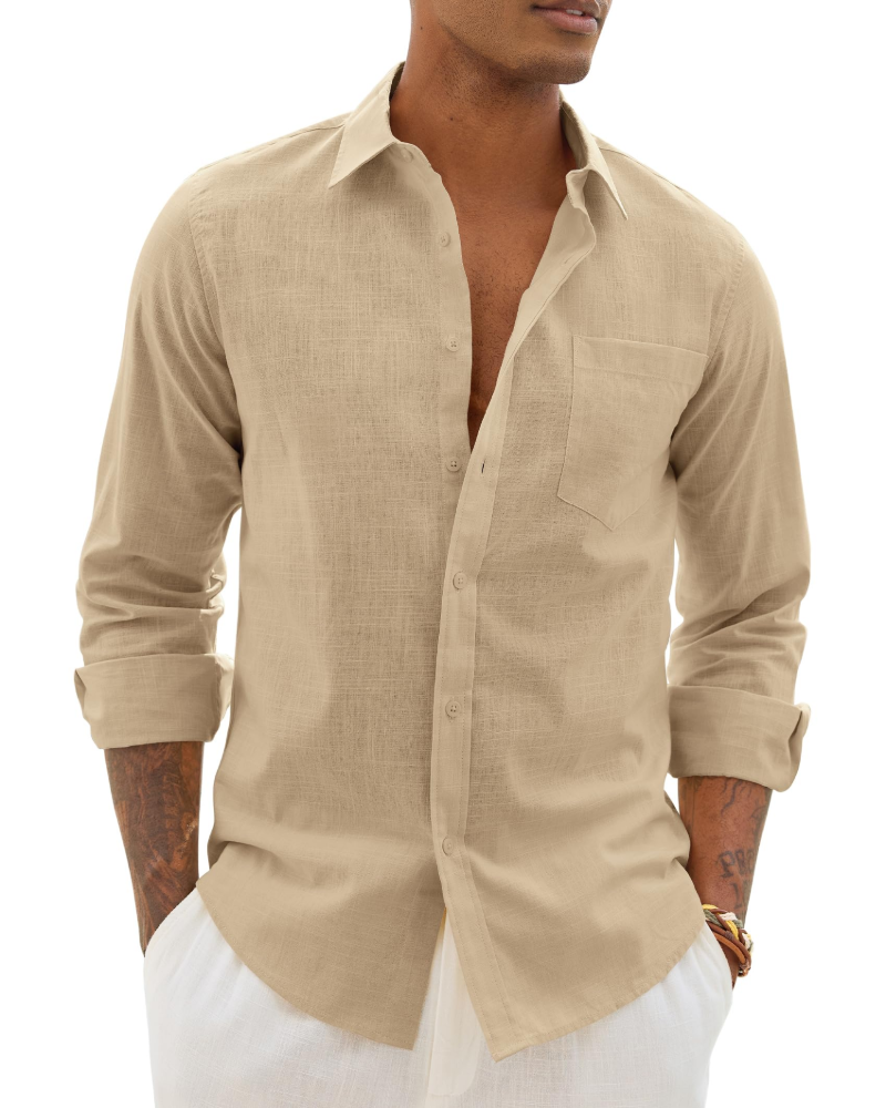 Lysandre Camisa de hombre de algodón y lino – Camisa transpirable de manga larga con cuello clásico