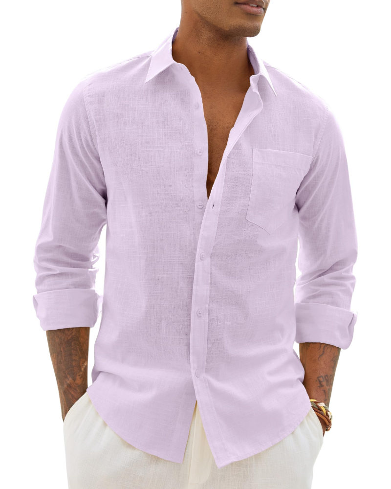 Lysandre Camisa de hombre de algodón y lino – Camisa transpirable de manga larga con cuello clásico