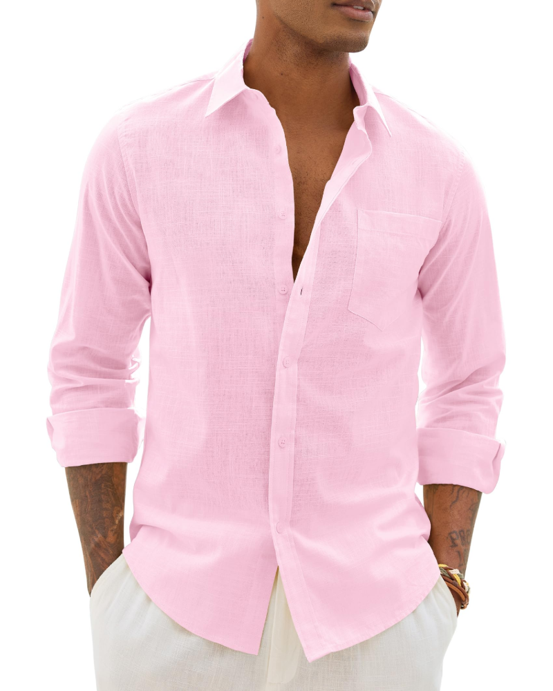 Lysandre Camisa de hombre de algodón y lino – Camisa transpirable de manga larga con cuello clásico