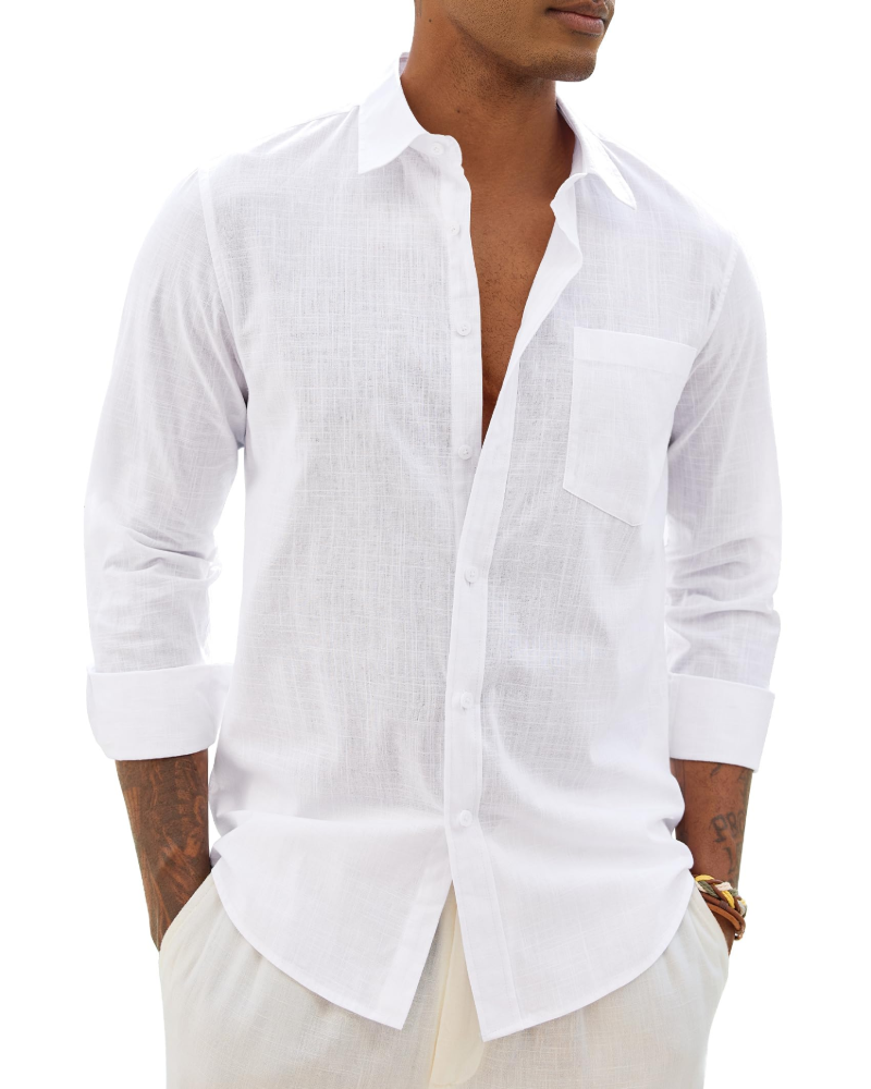 Lysandre Camisa de hombre de algodón y lino – Camisa transpirable de manga larga con cuello clásico