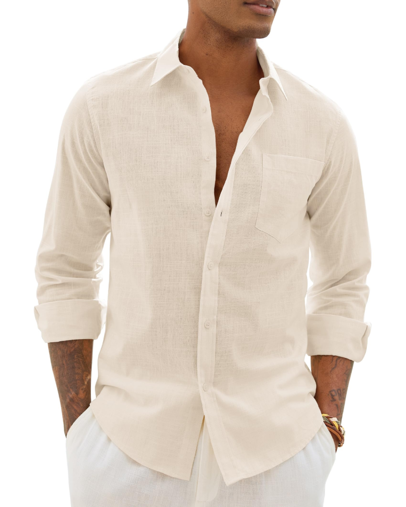 Lysandre Camisa de hombre de algodón y lino – Camisa transpirable de manga larga con cuello clásico