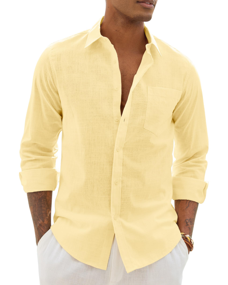 Lysandre Camisa de hombre de algodón y lino – Camisa transpirable de manga larga con cuello clásico