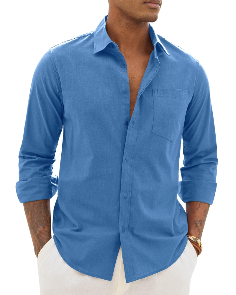 Lysandre Camisa de hombre de algodón y lino – Camisa transpirable de manga larga con cuello clásico