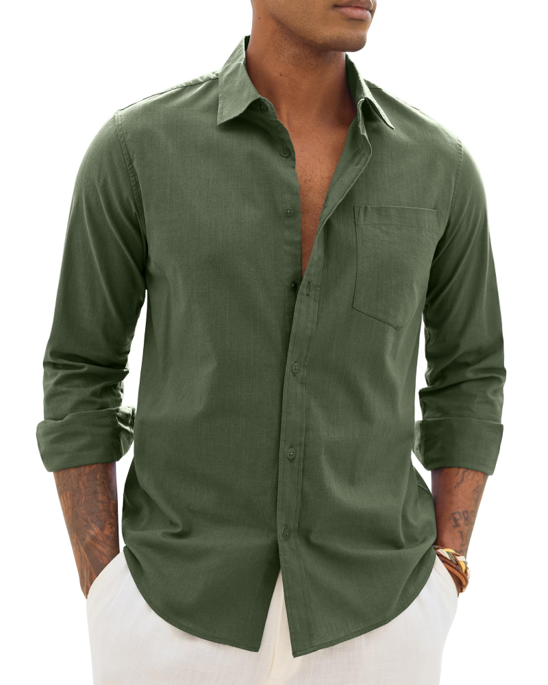 Lysandre Camisa de hombre de algodón y lino – Camisa transpirable de manga larga con cuello clásico