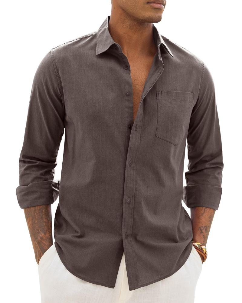 Lysandre Camisa de hombre de algodón y lino – Camisa transpirable de manga larga con cuello clásico