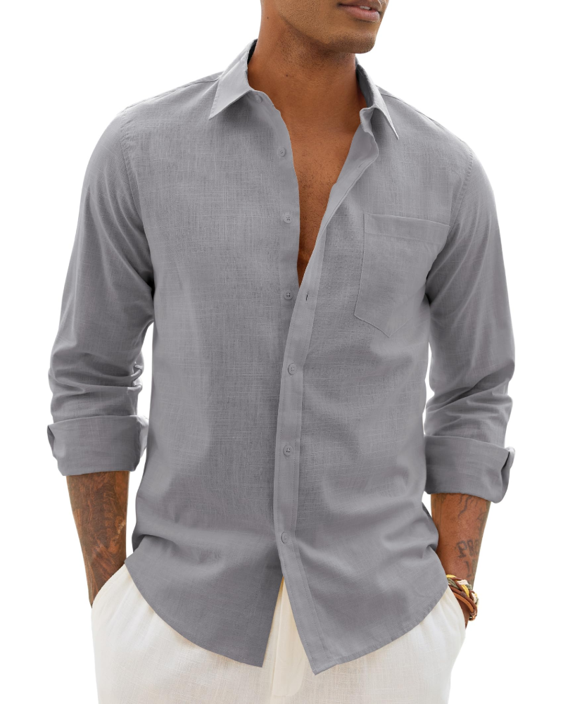 Lysandre Camisa de hombre de algodón y lino – Camisa transpirable de manga larga con cuello clásico