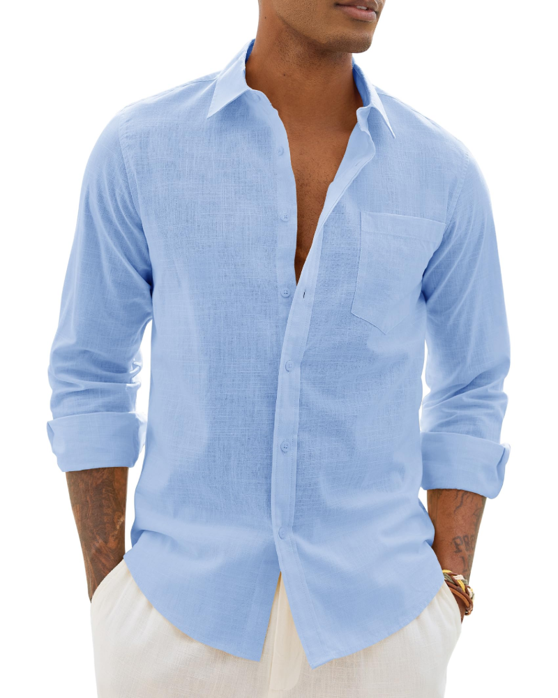 Lysandre Camisa de hombre de algodón y lino – Camisa transpirable de manga larga con cuello clásico
