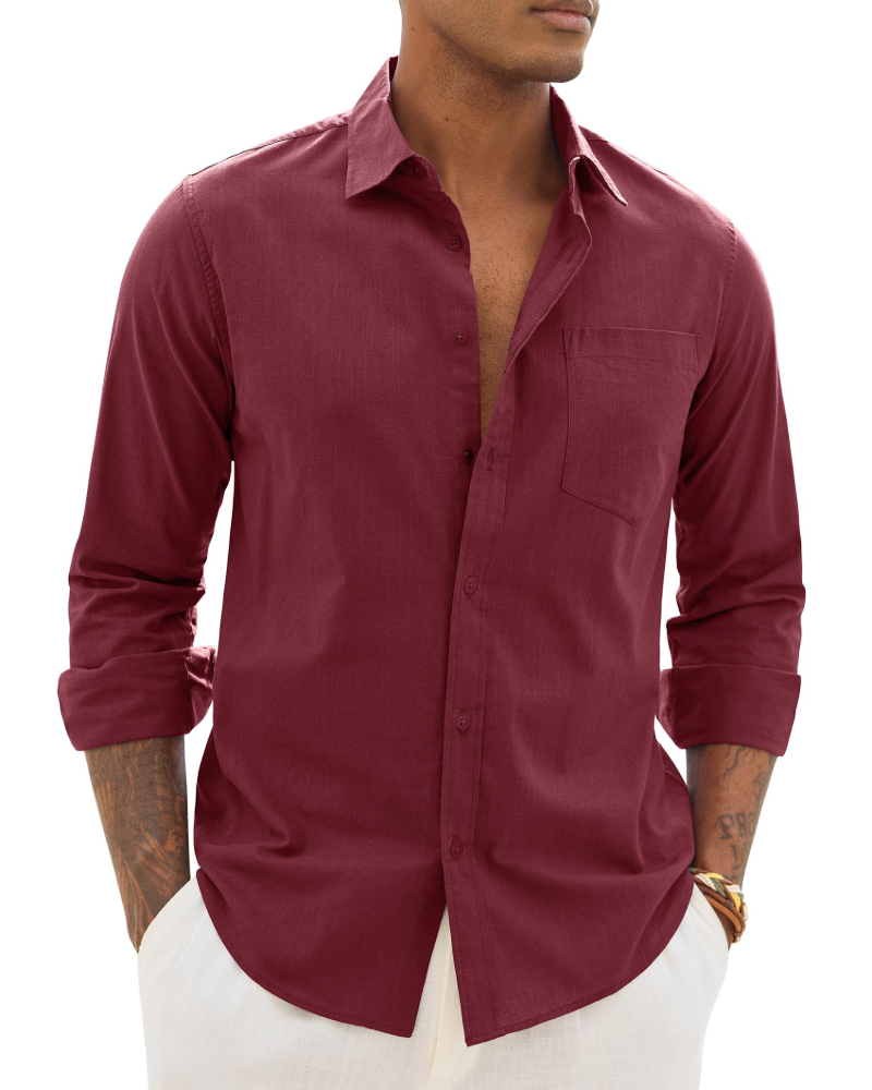 Lysandre Camisa de hombre de algodón y lino – Camisa transpirable de manga larga con cuello clásico