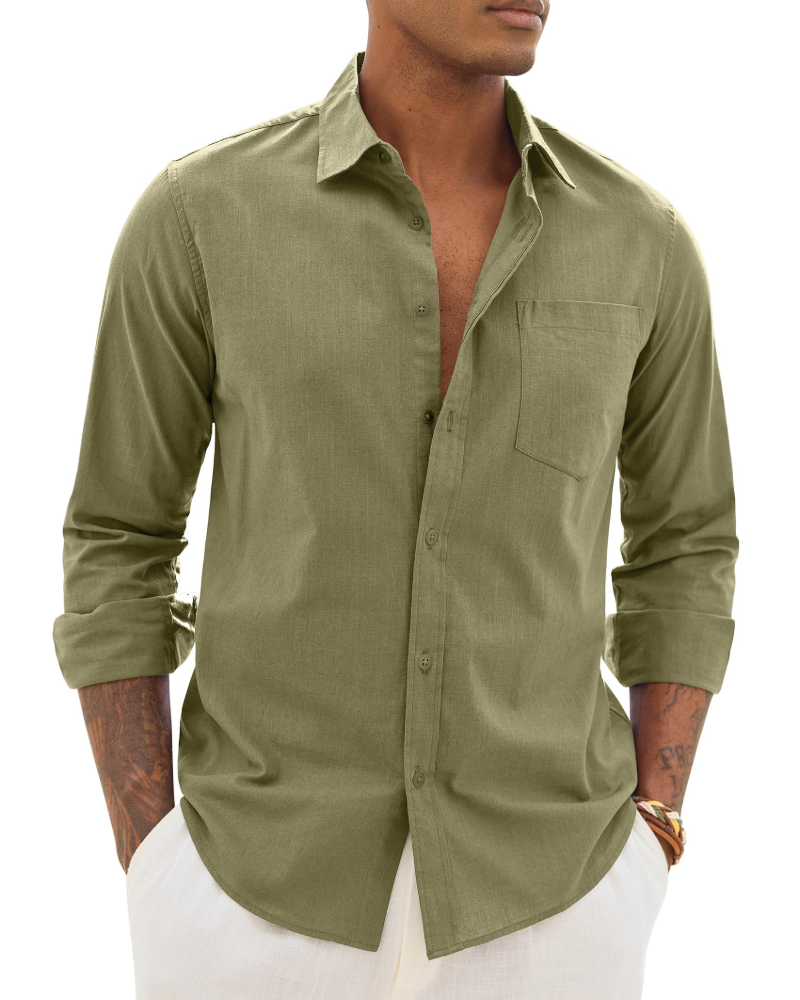 Lysandre Camisa de hombre de algodón y lino – Camisa transpirable de manga larga con cuello clásico