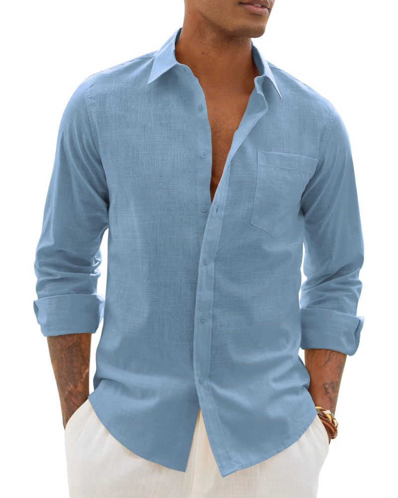 Lysandre Camisa de hombre de algodón y lino – Camisa transpirable de manga larga con cuello clásico