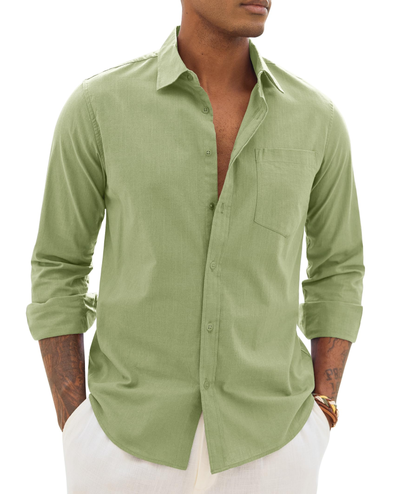 Lysandre Camisa de hombre de algodón y lino – Camisa transpirable de manga larga con cuello clásico