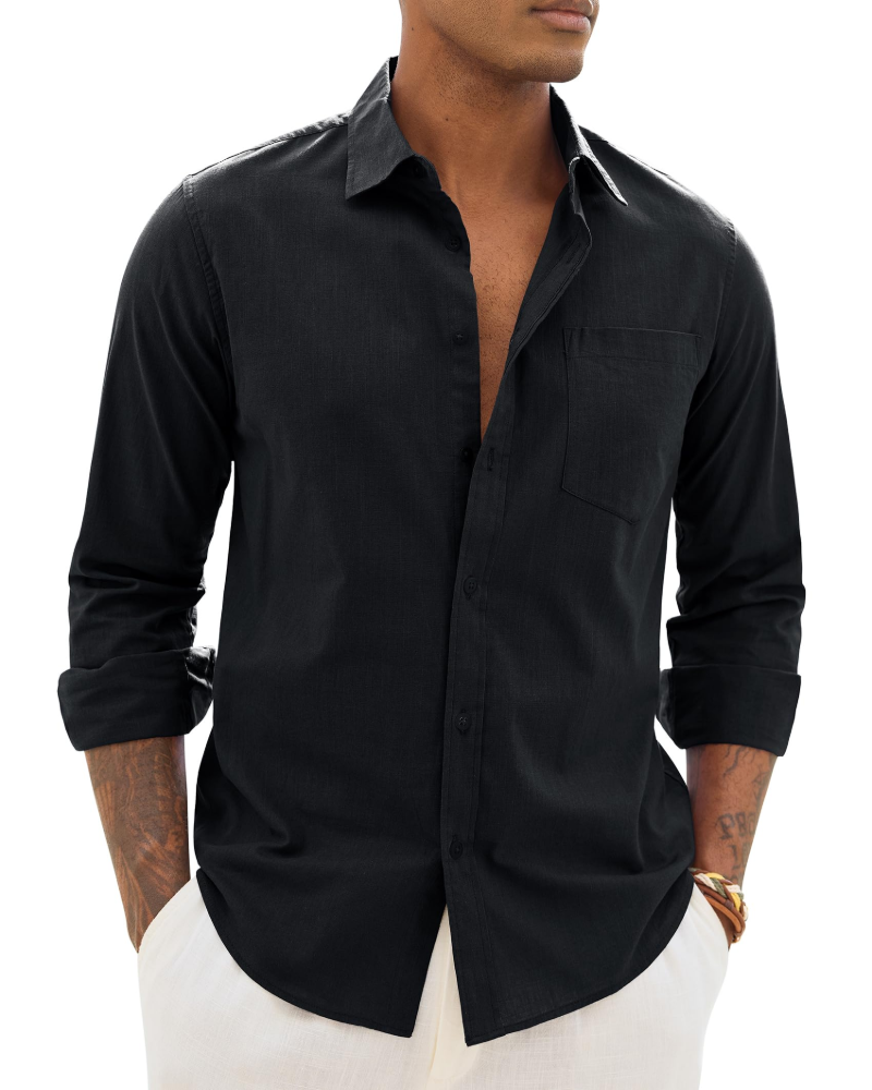Lysandre Camisa de hombre de algodón y lino – Camisa transpirable de manga larga con cuello clásico