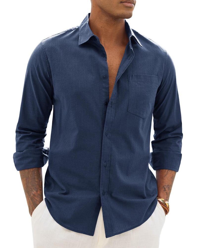 Lysandre Camisa de hombre de algodón y lino – Camisa transpirable de manga larga con cuello clásico