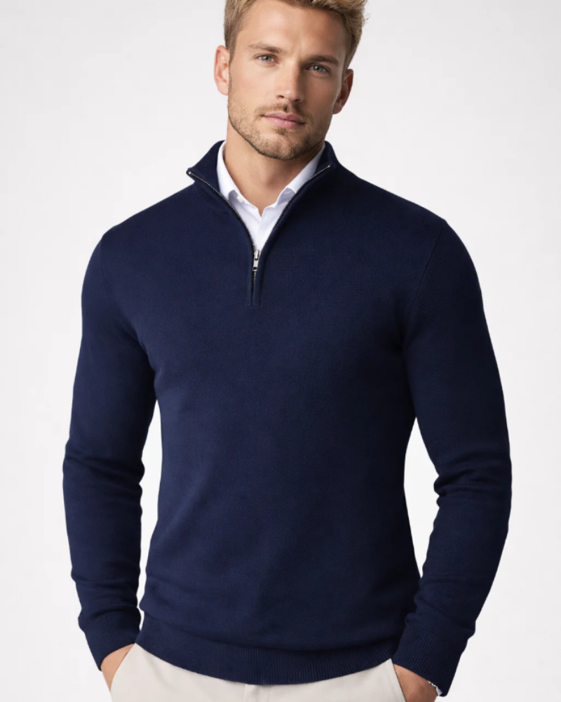 Mason Pull Herre – Trøje med høj krave og halv lynlås, komfortabel strik, afslappet elegant stil