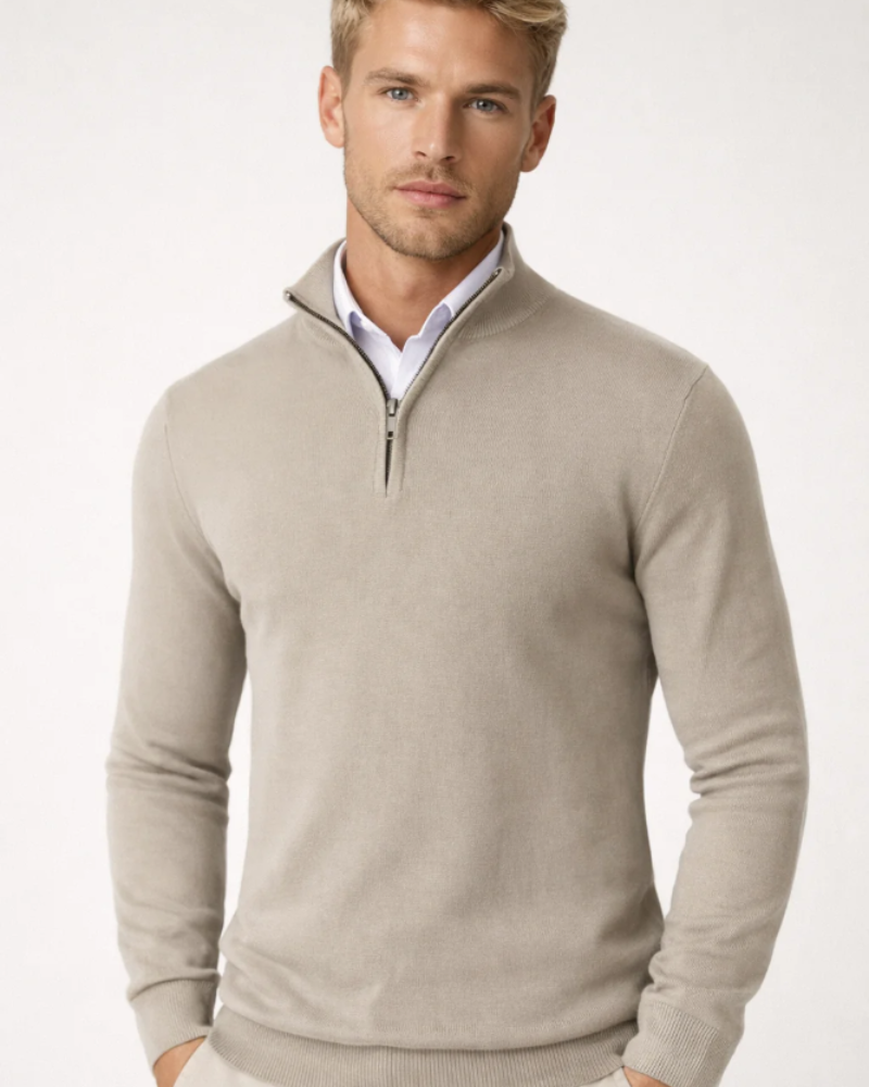 Mason Pull Herre – Trøje med høj krave og halv lynlås, komfortabel strik, afslappet elegant stil