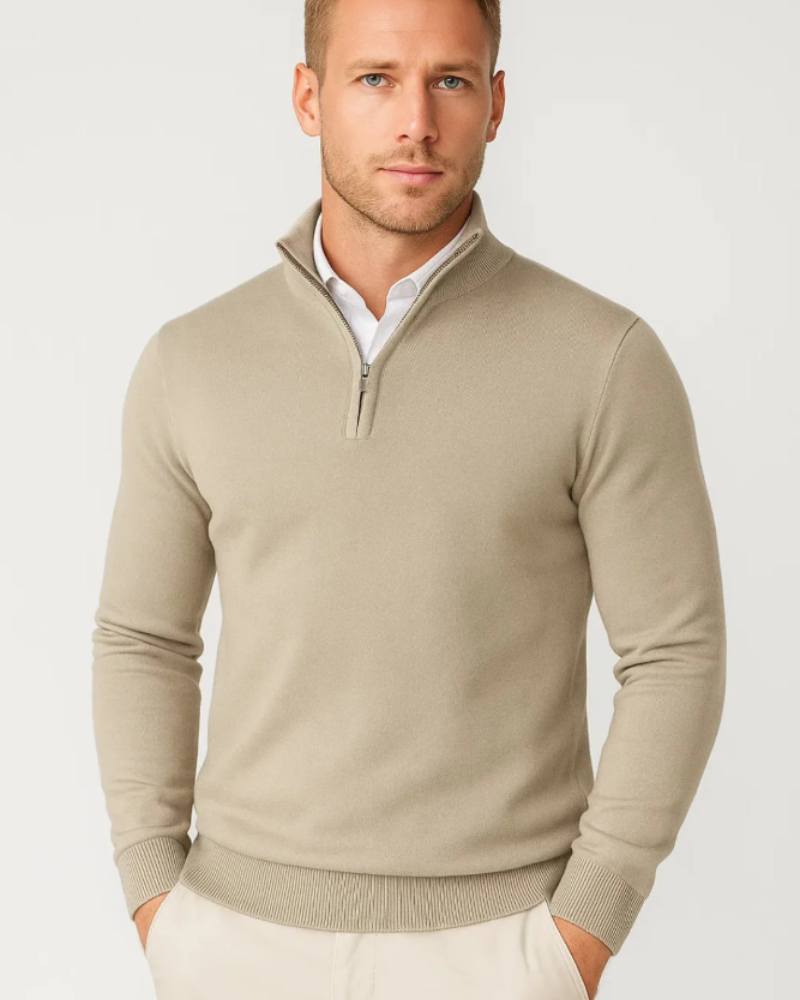 Mason Pull Herre – Trøje med høj krave og halv lynlås, komfortabel strik, afslappet elegant stil