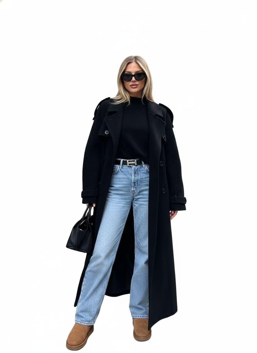 Dámský černý kabát Milan – Širolé elegantní klopy, nastavitelný pásek a městský styl