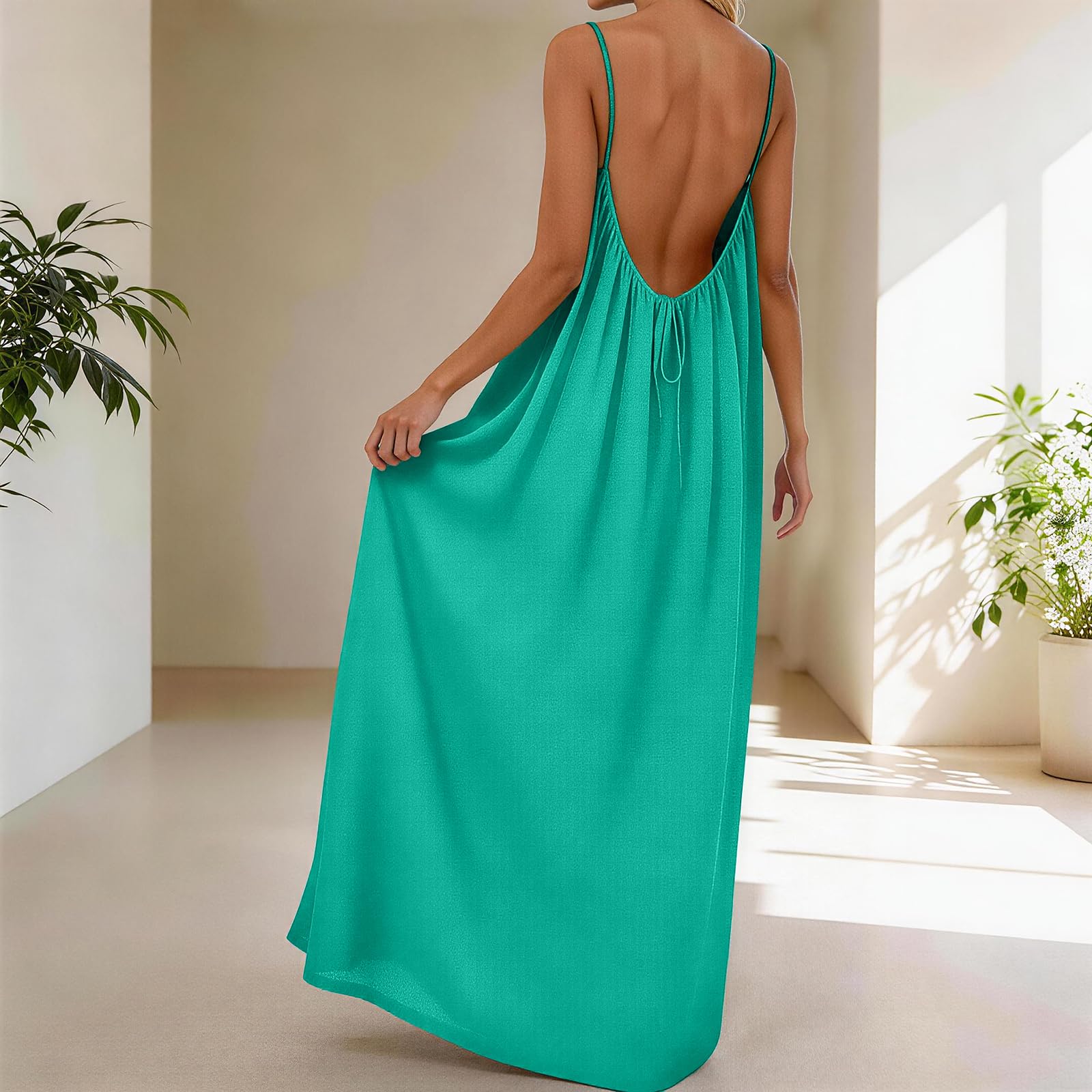 Rowena Maxi Dress for Women – Backless, Adjustable Straps & Fluid A-Line Cut Solid Summer