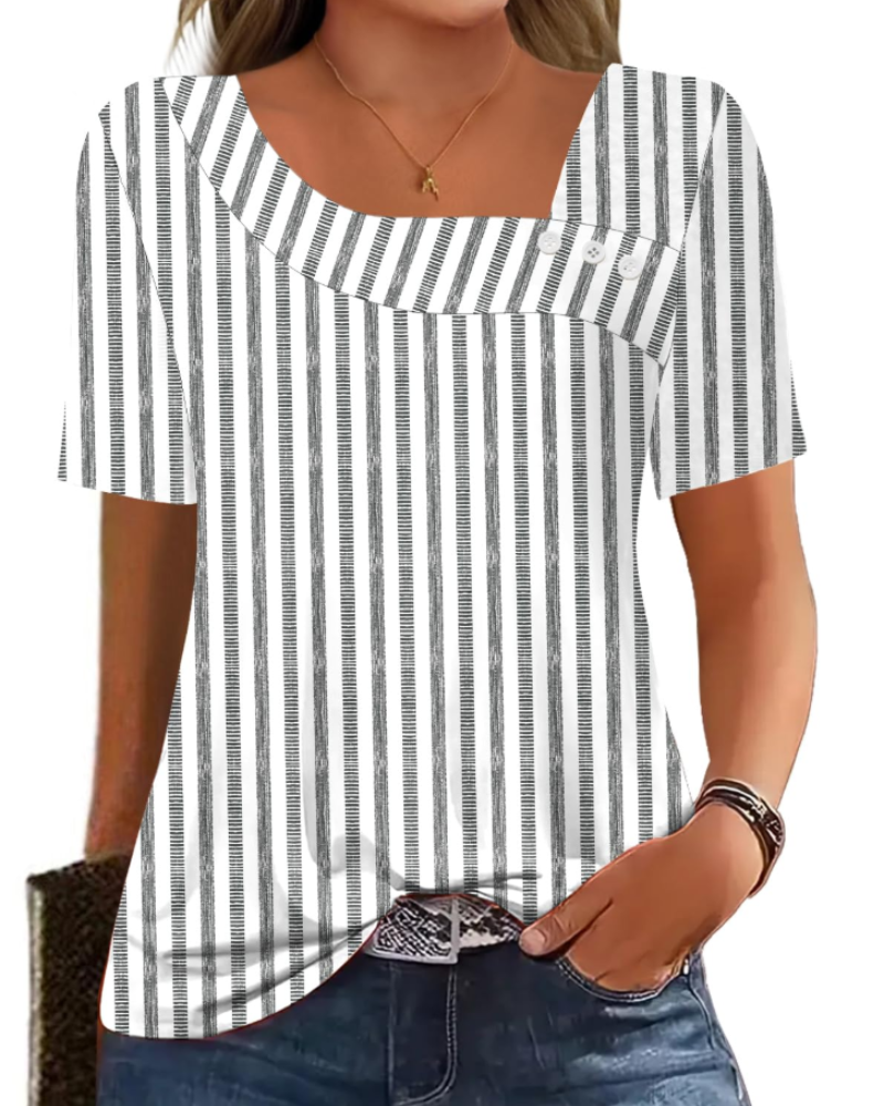 Mirea Top Femme – Bluse med Asymmetrisk Kvadratisk Krave og Knapper, Elegant Flydende Pasform til Sommer