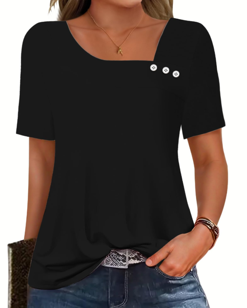 Mirea Top Femme – Bluse med Asymmetrisk Kvadratisk Krave og Knapper, Elegant Flydende Pasform til Sommer