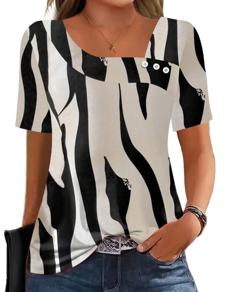 Mirea Top Femme – Bluse med Asymmetrisk Kvadratisk Krave og Knapper, Elegant Flydende Pasform til Sommer