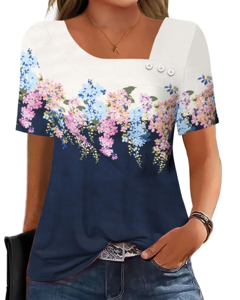 Mirea Top Femme – Bluse med Asymmetrisk Kvadratisk Krave og Knapper, Elegant Flydende Pasform til Sommer